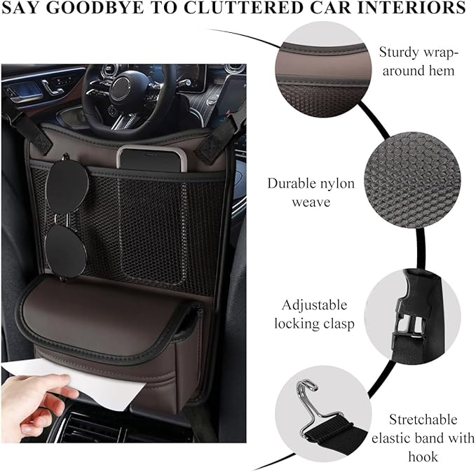 DXNQ Car Organizer Storage Between Seats, Leather Large Capacity Automobile Handbag Hanging Store Content Bag, Auto Console Organizer Holder for Snack Phone Document Storages, Car Accessories (Brown)