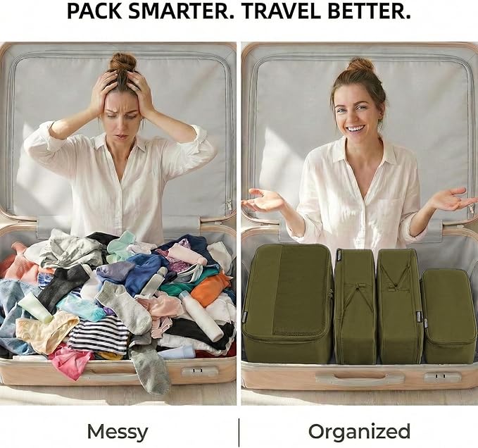 4 Piece Compression Packing Cubes for 3–7 Day Travel, Space Saving Travel Organizers with Breathable Mesh, Double-Zipper Packing Cubes for Carry-On & Suitcases (Green)