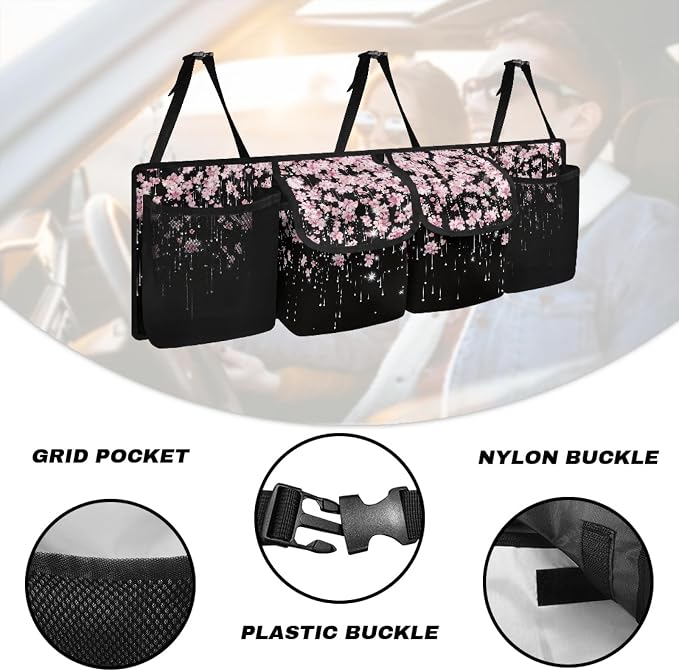 Cherry Blossom Auto Back Seat Trunk Organizer Hanging Car Organizer Trunk Foldable Cargo Storage with 4 Large Pockets 3 Adjustable Straps 37x11.8inch