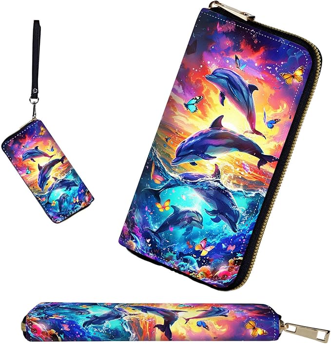 RFID-Blocking Zip Around Wallets for Women with Detachable Wrist Strap,Large Capacity Phone Holder with Card Organizer & Coin Pocket,Dolphins and Butterflies