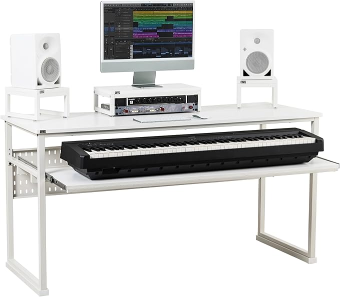 Music Studio Desk with Keyboard Tray and Height Adjustment Bracket, for Full 88 Keys (Music Producer Desk)(White, 88 Keys)