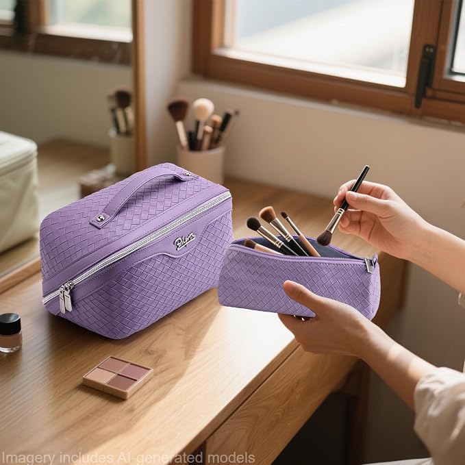 BOYATU Travel Makeup Bag Cosmetic Bags for Women: Large Capacity 3 Pcs Set Make up Bag with Compartments - Waterproof Vegan Leather Toiletry Organizer Bags with Handle (L01 Purple)