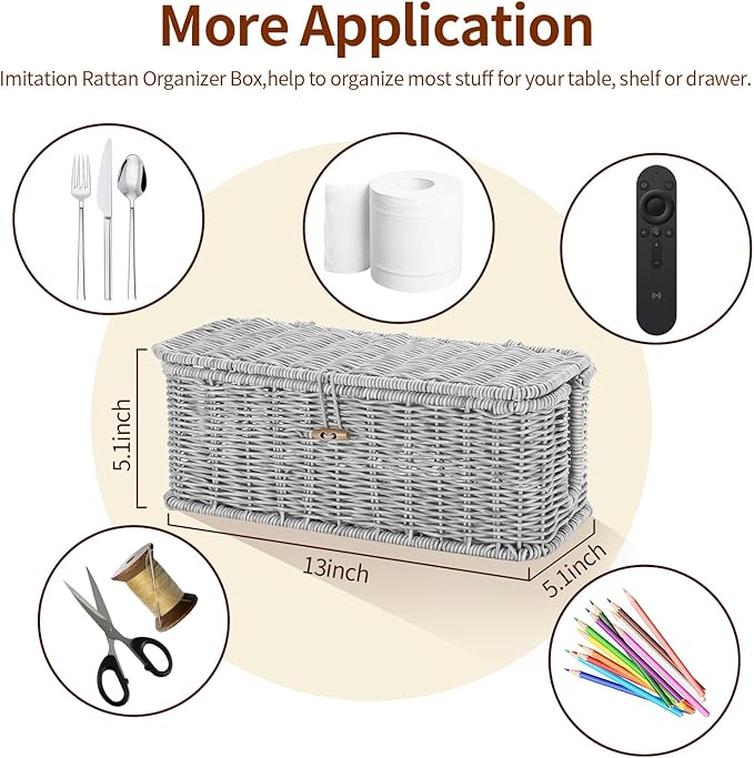 Cable Management Box, Desk Handwoven Rattan Cord Hider Cable Organizer Box With Lid Button Lock, Power Strip Cover Wicker Decorative Basket, Floor Wire Hiding Extension Cord Box (grey)