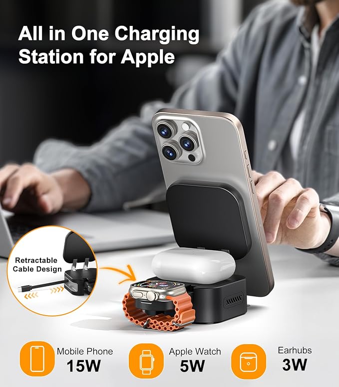 ULiXWH Retractable 3 in 1 Charging Station for Apple [Built in Cable] 22.5W Fast for Magsafe Wireless Charger, Travel Essentials, Magnetic Foldable Stand for iPhone 17 Air Pro Max 16 15 iWatch Airpods