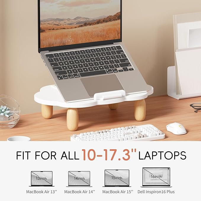 AFOOYO Adjustable Wood Laptop Stand, Ergonomic Height Angles Computer Stand, Cloud-Shaped Holder Riser Notebook Stand for Desk Compatible with Air, Pro, Dell, HP, Lenovo More 10-17.3" Laptops, White