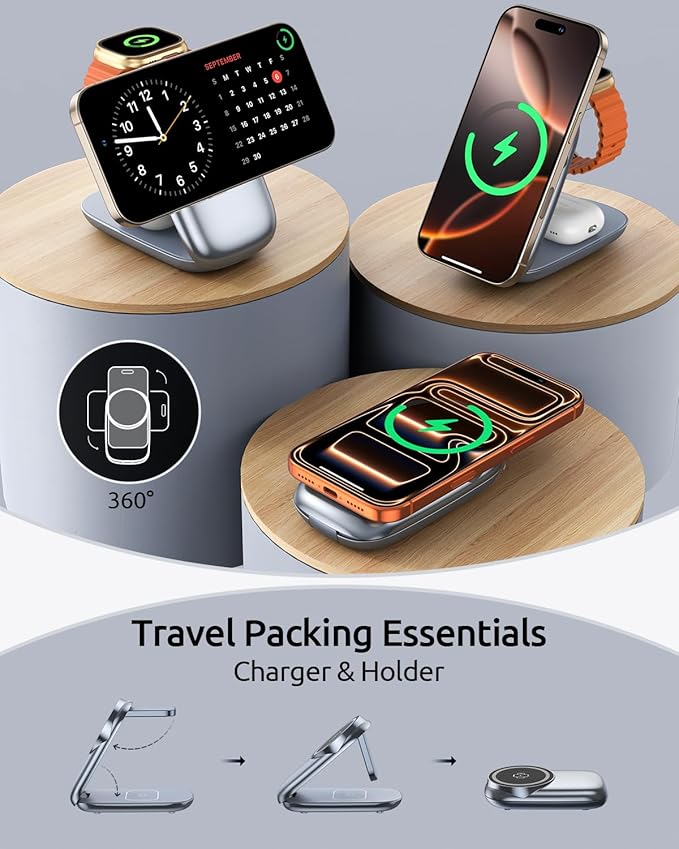 3-in-1 Wireless Charging Station for MagSafe,Foldable Magnetic Stand for iPhone 17/16/15-12 Series, Apple Watch/AirPods,Fast Charger for Qi Phones - Ideal for Home/Office/Travel (Gray, Normal)