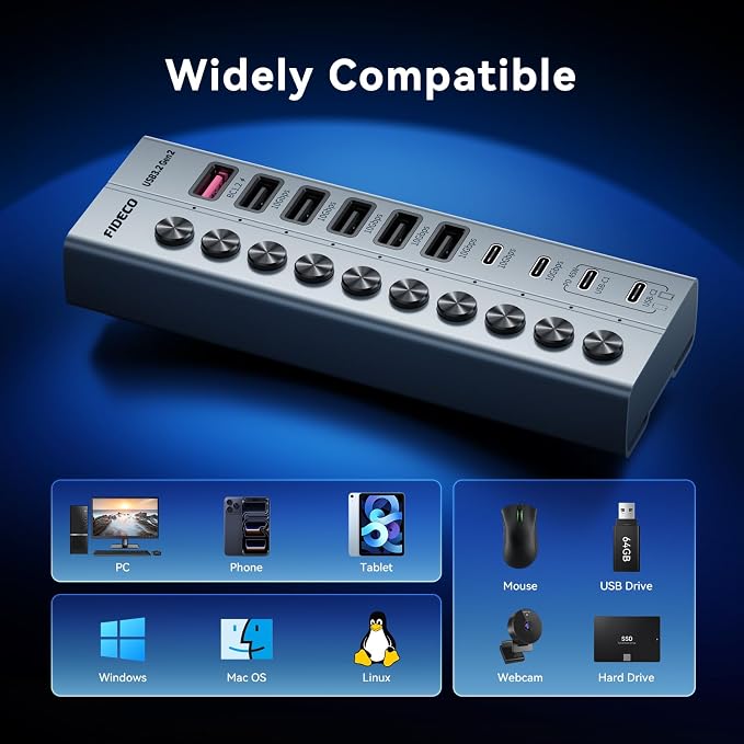 FIDECO 10-Port 72W Powered USB Hub, USB C Hub with 1 BC1.2, 2 PD 45W Charging Ports, and 7 USB 3.2 Ports (5 USB-A + 2 USB-C), Aluminum 10Gbps USB Hub for Laptop, PC, MacBook, iPhone 17/16/15, Grey