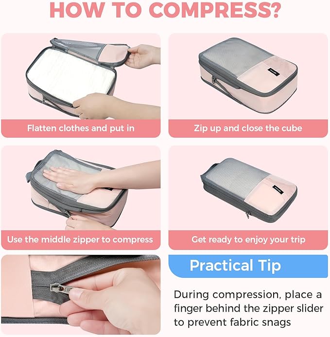 BAGAIL 6 Set Lightweight Compression Packing Cubes with Packing List, Anti-Tearing Expandable Organizer Bags for Travel, Pink