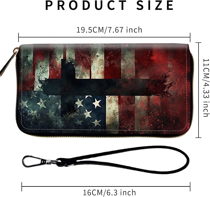 Wallet,Leather Long Wallet Suitable For Ladies And Teenagers - Detachable Wristband + RFID Travel Wallet With Card Slot - American Flag Cross