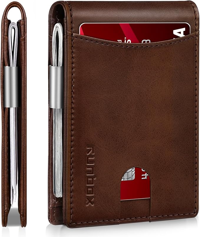 RUNBOX Slim Money Clip Wallets for Men and Teen Boys RFID Blocking 11 Card Holder Minimalist Small Leather Bifold Novelty Men's Wallet Front Pocket Gift Box