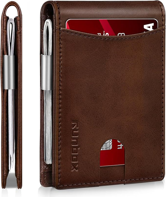 RUNBOX Slim Money Clip Wallets for Men and Teen Boys RFID Blocking 11 Card Holder Minimalist Small Leather Bifold Novelty Men's Wallet Front Pocket Gift Box