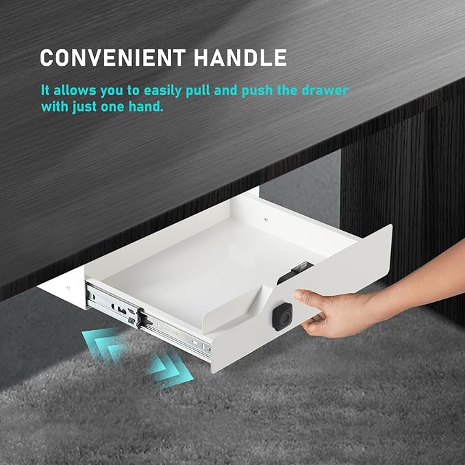 Metal Under Desk Drawer with Biometric Fingerprint Lock, Undermount Table Drawer, Slides out Tray Organizer for Paper, Pencil, and Laptop 16"x11.8"x3.6", White