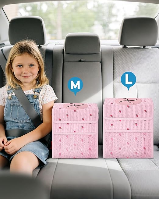Corduroy Car Trash Can with Lid and Mesh Pockets - Leakproof Organizer,Multipurpose Waterproof Garbage Can/Trash Bin for Car(Pink Base with Red Strawberry Print -2 Gallons)