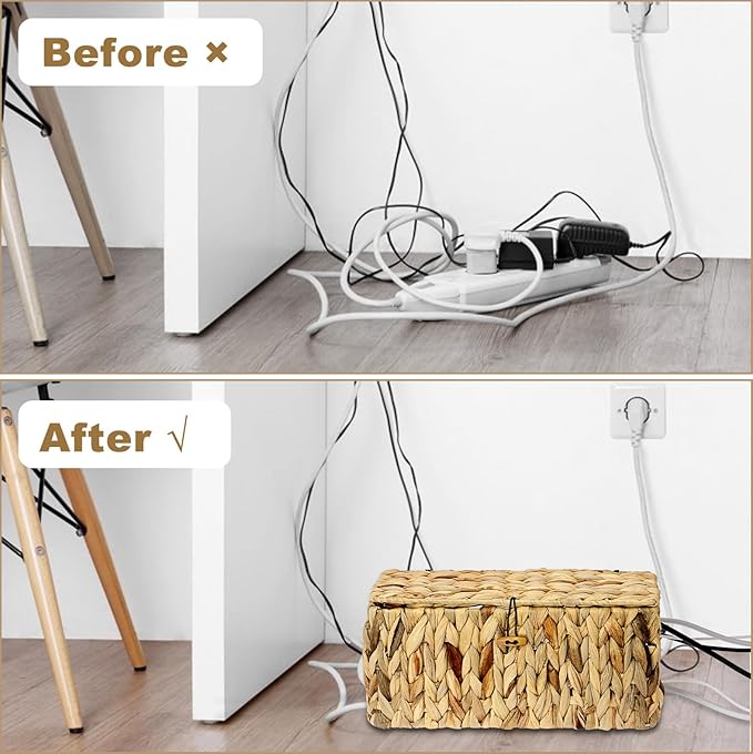 BTSKY Woven Cable Management Box with Lid, Water Hyacinth Cord Organizer for Desk, Cable Organizer Box with 2-Open Slots to Hide Power Strips USB Hubs for Home & Office, Pet Proofing Cord Basket, L+S