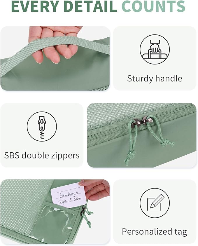 ECOHUB 6 Set Packing Cubes for Travel Durable Suitcase Organizer Bags Set with Personalized Tag Travel Essentials with Shoe Bag Traveling Accessories for Luggage Machine Washable, Green