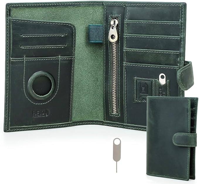 CONTACTS Full Grain Leather Passport Holder Compatible with Airtag Slot RFID Blocking Passport Wallet Travel Slim Passport Cover with SIM Card Removal Tool (Green)