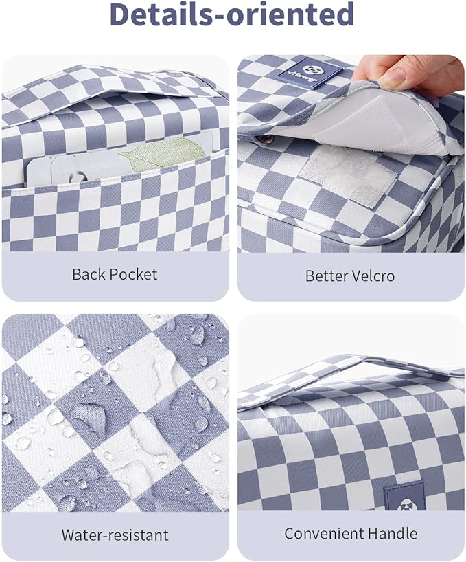 Narwey Small Hanging Travel Toiletry Bag for Traveling Women, Checkered Travel Bag for Toiletries, Makeup Bag Organizer Make Up Cosmetic Bags, Gifts for Kids Teen Girls (Grayish Blue Checkerboard)
