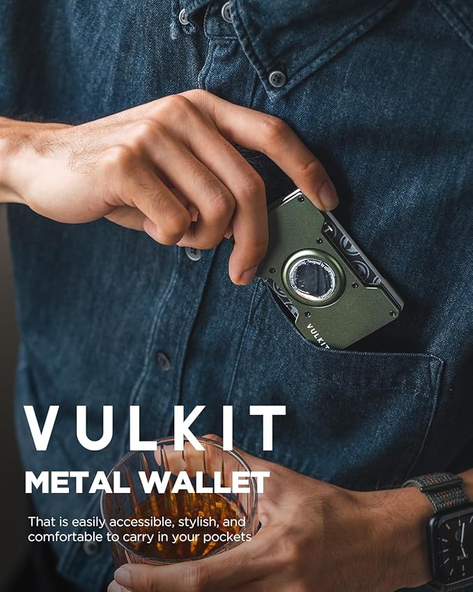 VULKIT Men's Metal Wallet with Money Clip, Slim Credit Card Holder with Airtag Holder, Minimalist Front Pocket Wallet for Men(Green)