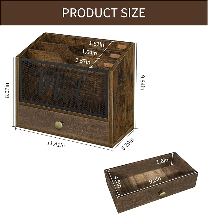 YINMIT Mail Organizer Countertop with 3 Compartments and Drawer, Mail Holder Sorter for Desk, Mail Organizer Wall Mounted, Countertop Desk Office Accessories Organizer for File Paper Folder
