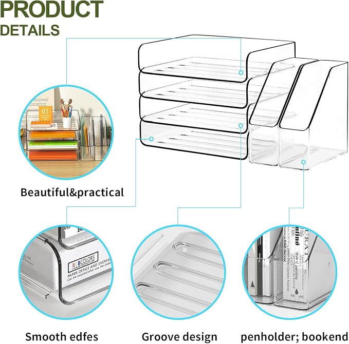FANXIYQ 4-Tier Acrylic Paper Tray Organizer with Bookends, Large Clear Stackable Letter Tray Organizer for Desk, Acrylic File Organizer & Office Paper Storage, 12.6" Wide Desktop Organizer