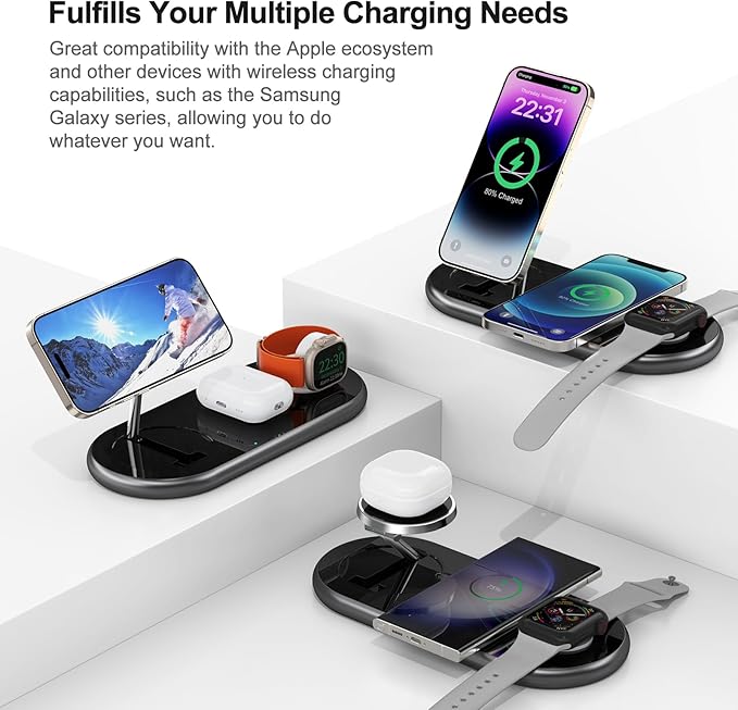 3 in 1 Charging Station for Apple Devices, Mag-Safe Charger Stand, Magnetic Wireless Charger Station for iPhone 17 16 15 14 13 12 Series, for iWatch Ultra 10 9 8 7 SE 6 5 4 3, for AirPods (Black)