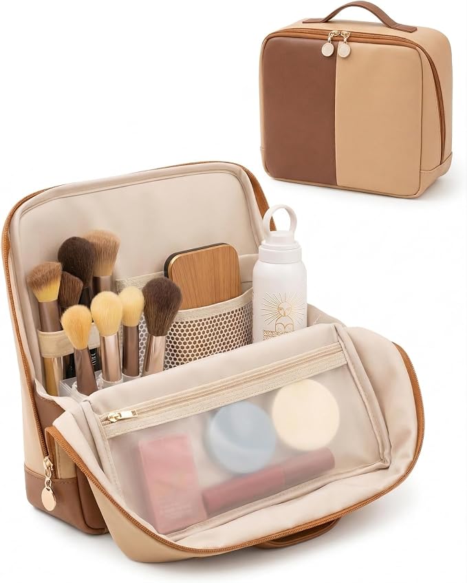 Large Travel Makeup Bag for Women, Large Makeup Bag Organizer with Brush Compartment, Upright Cosmetic Bag and Toiletry Bag, Wipe-Clean PU Makeup Pouch, Brown