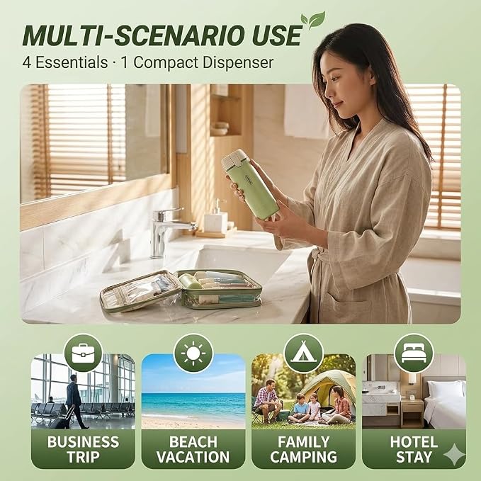 4 in 1 Travel Dispenser Bottle Set, TSA Approved Leak-Proof, 4×30ml | Twist-lock pump; 4×30ml refillable bottles; TSA carry-on compliant; for gym, travel & business trips; labels included