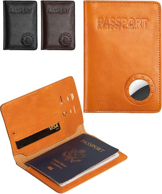 Passport Holder for Travel, Genuine Leather Passport Holder with AirTag Slot, RFID Passport Cover for Airport Essentials, Travel Wallet, Travel Must Haves Gifts