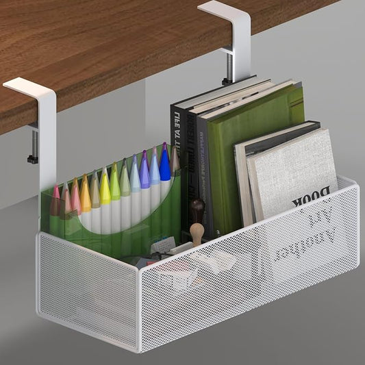 orbixa Under Desk Storage Organizer Clamp-On,Mesh Metal 3-IN-1 Desk side storage - Use on desk,under table or as a hanging wall organizer for office supplies & home& school essentials (white color)