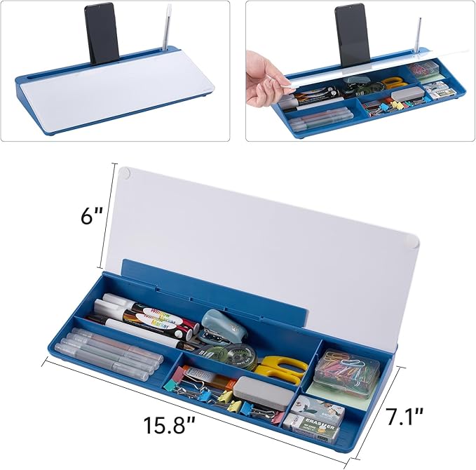 TSJ OFFICE Desktop Whiteboard Dry-Erase-Board - Computer Keyboard Stand White Board Surface Pad with Drawer, Desk Organizers with Accessories for Office, Home, School Supplies - Blue