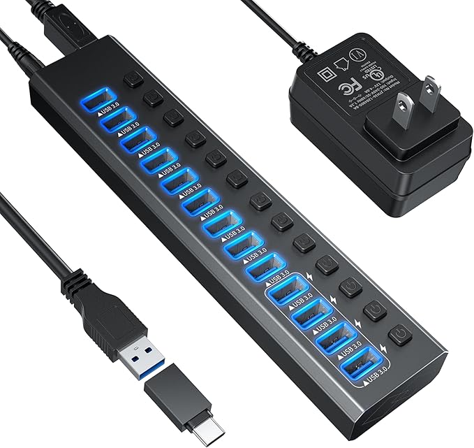 Powered USB Hub 3.0, Leinsis 13-Port USB 3.0 Hub [Durable Aluminum] 9 Data Transfer Ports+ 4 Smart Charging Ports with Individual On/Off Switches, USB Hub 3.0 Powered with Power Adapter for Laptop PC