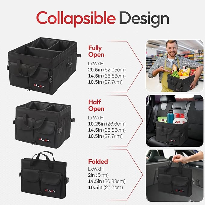 ALLAY Trunk Organizer for Car with Lid – Foldable SUV Trunk Organizer – Multi-Compartment Car Box and Storage – 800D Oxford Truck Bed Shelf with Securing Straps, Non-Slip Bottom 65L
