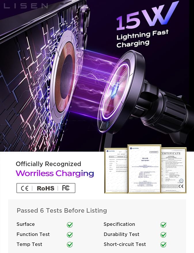 LISEN for 15W MagSafe Car Mount Charger, Magnetic Wireless Car Charger, Dashboard & Air Vent Magnetic Phone Holder for Your Car Phone Holder, Jeep Ford F150 Accessories for iPhone 17-12,Samsung, Pixel
