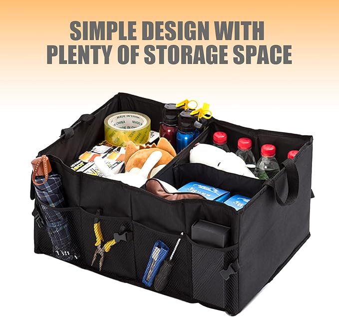 50L Car Trunk Organizers with Handle - Oxford Car Storage Box, Multi Compartment Foldable Trunk Organizer for SUV, Auto, Truck, Black