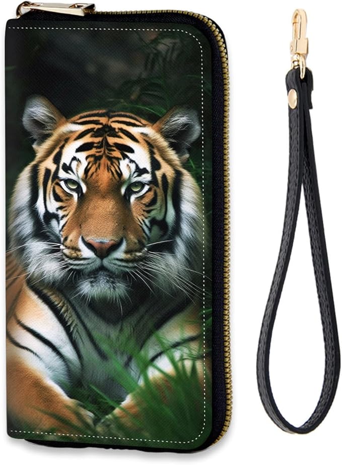 Women's RFID Blocking Zip Around Wallet with Detachable Wrist Strap, Large Capacity Credit Card Holder Organizer for Everyday Use,Bengal Tigers on The Grass
