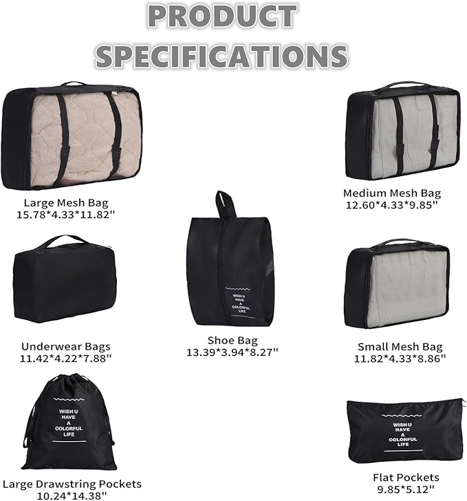 7 Set Packing Cubes for Travel,Suitcase Organizer Bags for Luggage with Shoe Bag, Vacation Travel Essentials & Accessories for Cruise Ship, Airplane Must-Have,Road Trip & Camp Gifts(Black)