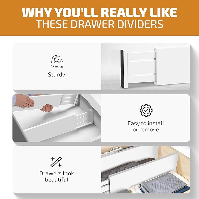6-Pack Drawer Dividers 4 Inch High, 11??17" Adjustable Bamboo Organizers Large Expandable Drawer Separators for Cloths, Dresser, Bedroom, Bathroom, Baby Drawer, Office & Kitchen Utensils (White)