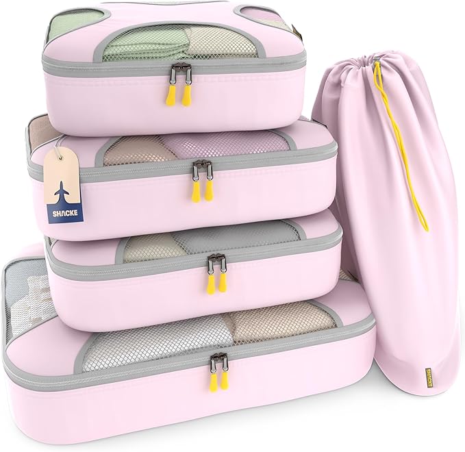 Shacke Packing Cubes for Travel 5 Set - Premium Luggage Organizer Bags - Versatile Travel Organizer for Women and Men - Optimized Packing Bags - Travel Essentials (Petal Pink)