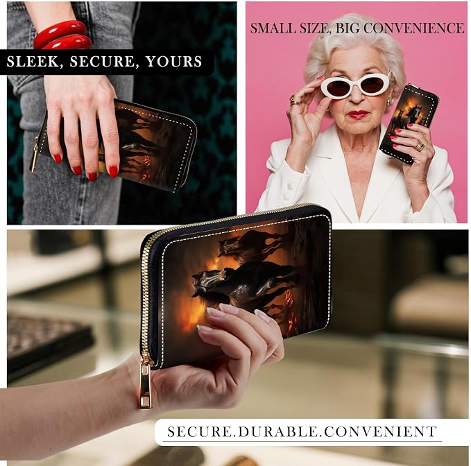 RFID-Blocking Zip Around Wallets for Women with Detachable Wrist Strap,Large Capacity Phone Holder with Card Organizer & Coin Pocket,Red Flame Black Horse