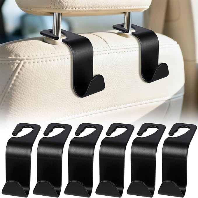 BFXM 6 Pack Car Seat Headrest Hooks, Back Seat Purse Hanger Holder Hook, Universal Storage Organizer for Handbag Grocery Bags Coats, Car Accessories for Women Men (Black)