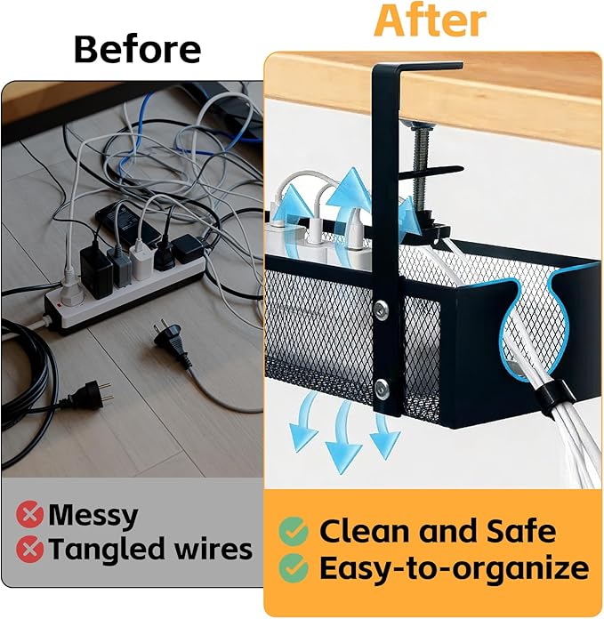 Under Desk Cable Management Tray – No Drill Metal Mesh Cord Organizer for Home Office & Standing, Adjustable Wire Organizer, Space-Saving Desk Tray (Black)