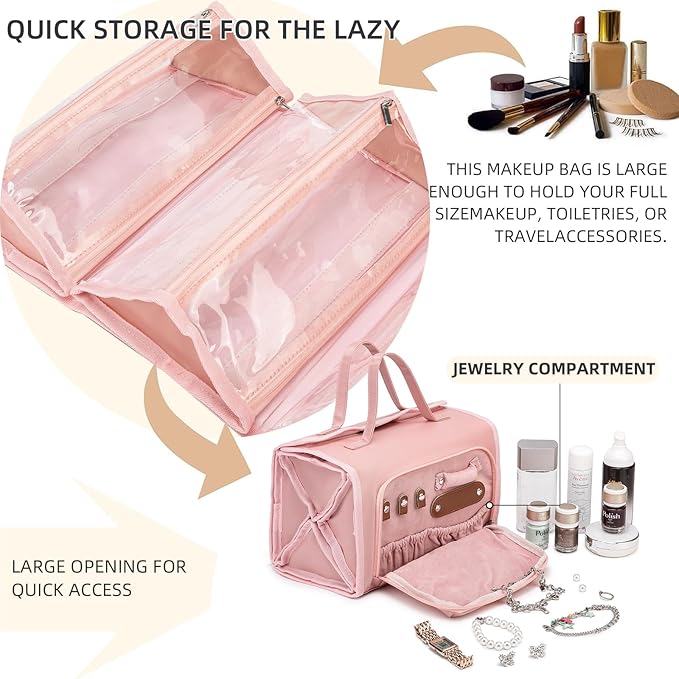 ROYALFAIR Roll Up Makeup Bag, Waterproof Toiletry Bag for Women, Hanging Travel Organizer bags with Jewelry Organizer Compartment, Extra Large 4 Clear TSA Approved Pouches Cosmetic Makeup (light red)
