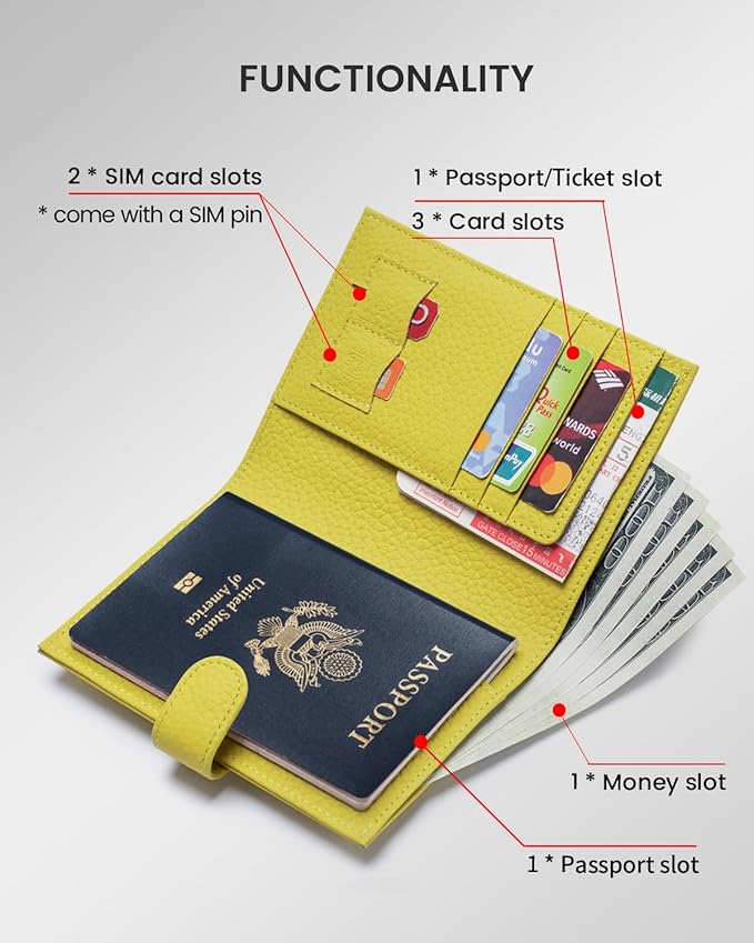 RFID Passport Holder Travel Wallet for Women, Leather Passport Cover Wallet with Card Holders SIM Slots,Zippered Coins Pocket and Cash Slot Slim Compact Travel Wallet (Lemon Yellow)