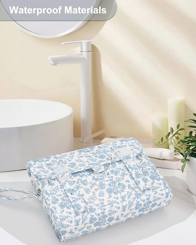 Hanging Toiletry Bag, Travel Toiletries Bag with Hanging Hook, Water Resistant Makeup Cosmetic Organizer for Full Sized Container, Shampoo, Portable Wash Bag for Travel Size Essentials - Blue Flower