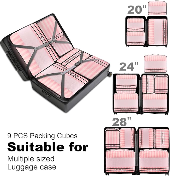 9 Set Packing Cubes Luggage Packing Organizers for Travel Accessories Space Saving Travel Bags for Carry On, Lightweight Mesh Zipper, Clothes, Shoes and Laundry Bag, Suitcases (Pink Streak)