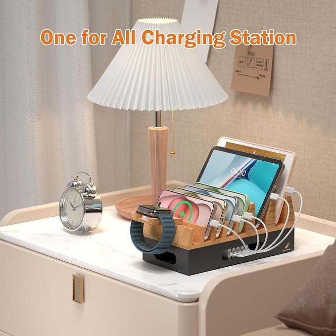 Pezin & Hulin Bamboo Charging Station Organizer for Multiple Devices & Wood Desktop Docking Charging Stand Such As Cell Phone, Tablets, Phone Case and Watch Stand(No USB Charger) (Natural + Black)