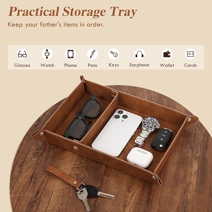 Best Dad Ever Gifts PU Leather Valet Tray, Key Tray Christmas Gifts for Dad Who Wants Nothing, Unique Dad Gifts from Daughter Son, Large