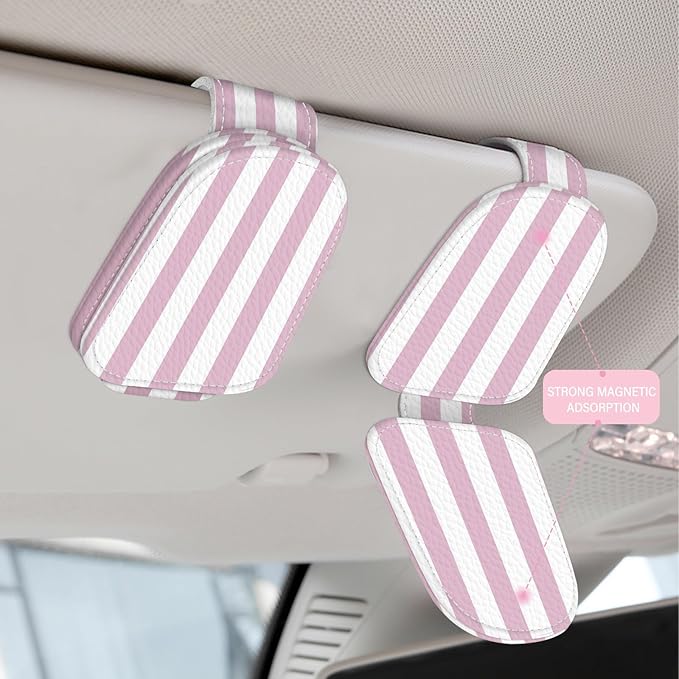 2 Pack Magnetic Leather Sunglass Holder, Universal Magnetic Car Eyeglass Hanger Clip for Different Size Eyeglasses, Car Visor Accessories (Pink Stripes)