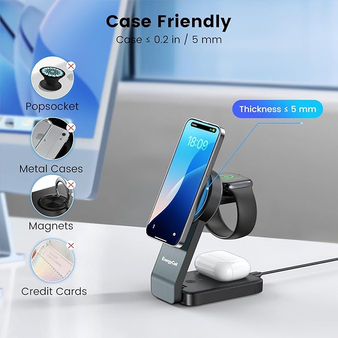 EnergyCell 3-in-1 Wireless Charging Station for Apple Devices, 15W Wireless Charger for iPhone 17/16/15/14/13/12, Apple Watch, AirPods, Magnetic Foldable Fast Charger Apple Charging Station