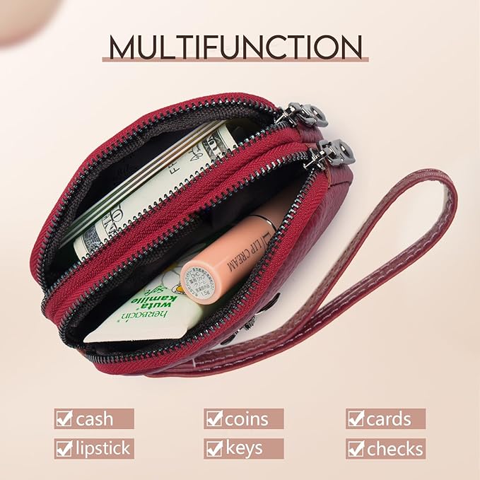 imeetu Women Leather Coin Purse, Small 2 Zippered Change Pouch Wallet